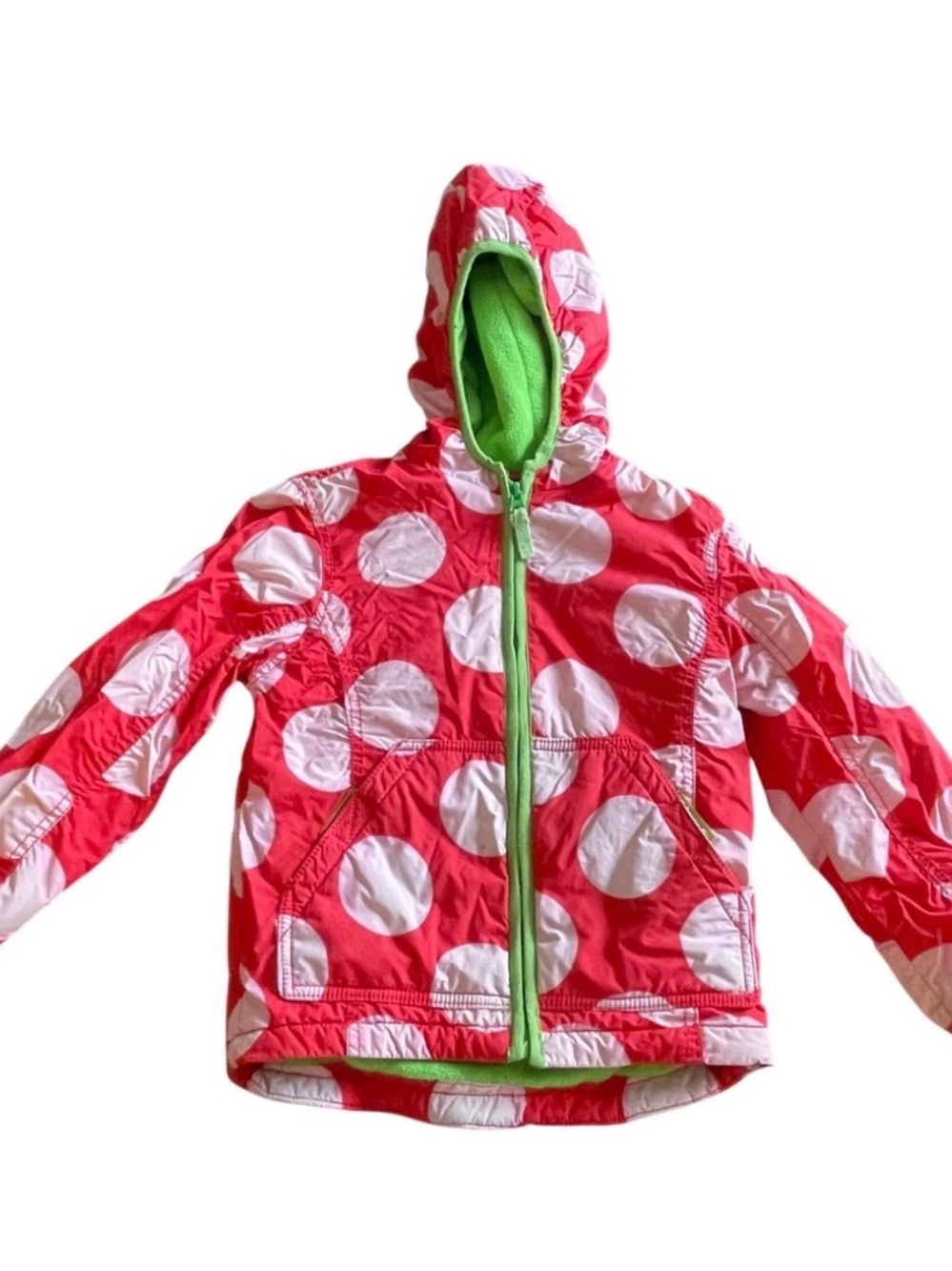 Mini Boden Red Polka Dot Hooded Jacket with Green Trim